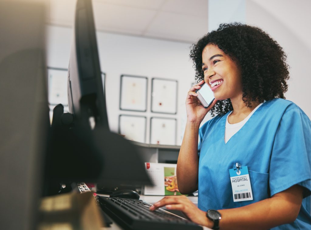 Nurse, phone and black woman call with happiness at office with mobile connection.